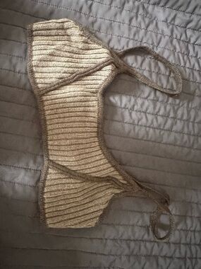 Danielle Guizio Ribbed Bralette in Beige with Brown Trim